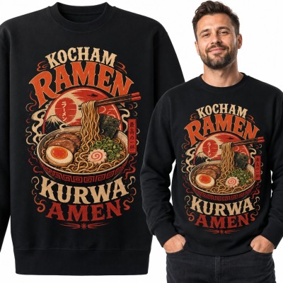 Bluza męska bez kaptura „Kocham ramen kurwa amen” - miska z pałeczkami i górą Fuji