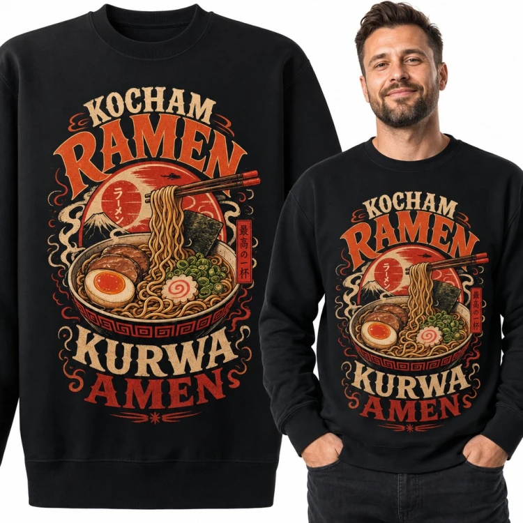 Bluza męska bez kaptura „Kocham ramen kurwa amen” - miska z pałeczkami i górą Fuji