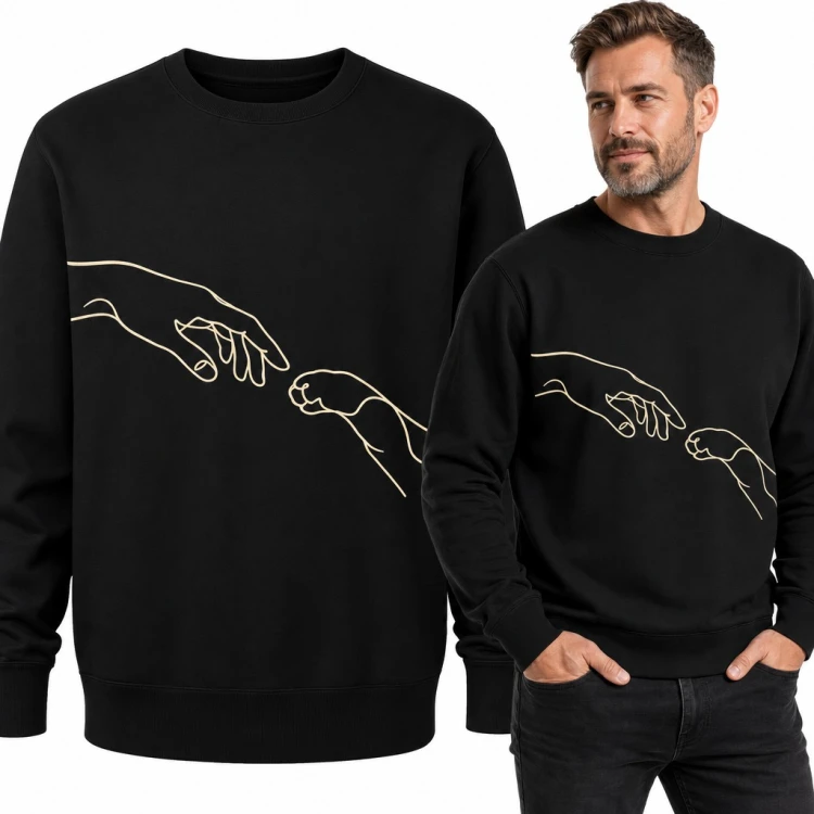 Bluza męska bez kaptura - dłoń i kocia łapa jak Stworzenie Adama dla kociarza