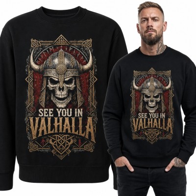Bluza męska bez kaptura - czaszka wikinga w rogatym hełmie „See You in Valhalla”