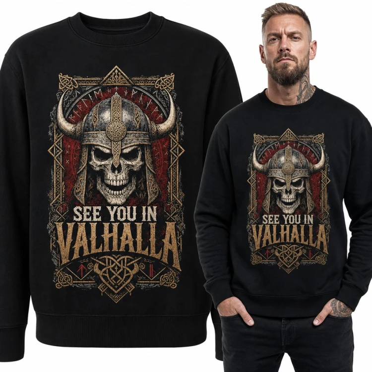 Bluza męska bez kaptura - czaszka wikinga w rogatym hełmie „See You in Valhalla”