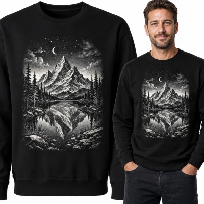 Bluza męska bez kaptura - górski szczyt odbity w jeziorze pod księżycem