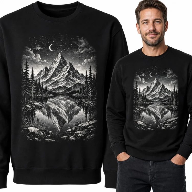 Bluza męska bez kaptura - górski szczyt odbity w jeziorze pod księżycem