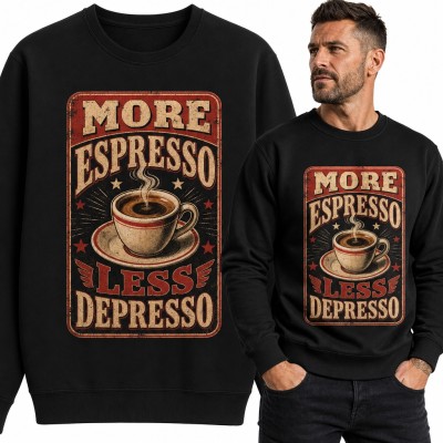 Bluza męska bez kaptura - „More espresso less depresso” z retro filiżanką kawy