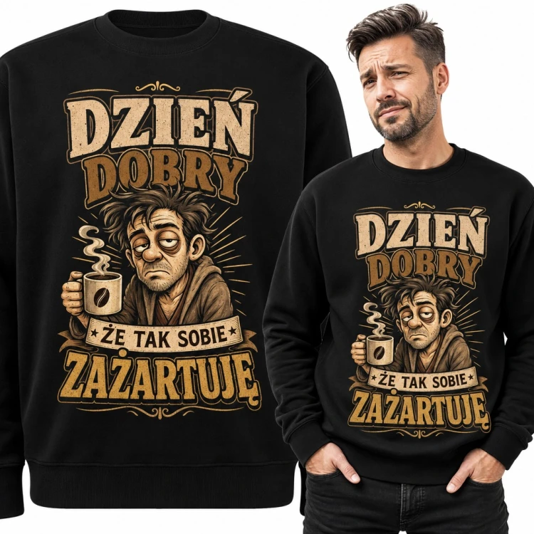 Bluza męska bez kaptura - „Dzień dobry, że tak sobie zażartuję” z zaspanym kawoszem