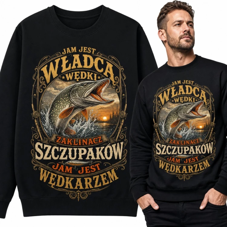 Bluza męska bez kaptura - „Jam jest władca wędki, zaklinacz szczupaków, jam jest wędkarzem” z szczupakiem