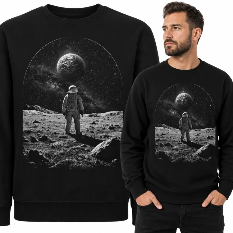 Bluza męska bez kaptura - astronauta na Księżycu z widokiem na Ziemię