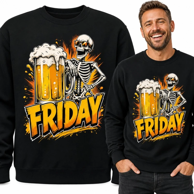 Bluza męska bez kaptura - szkielet z kuflem piwa „Friday” dla piwosza