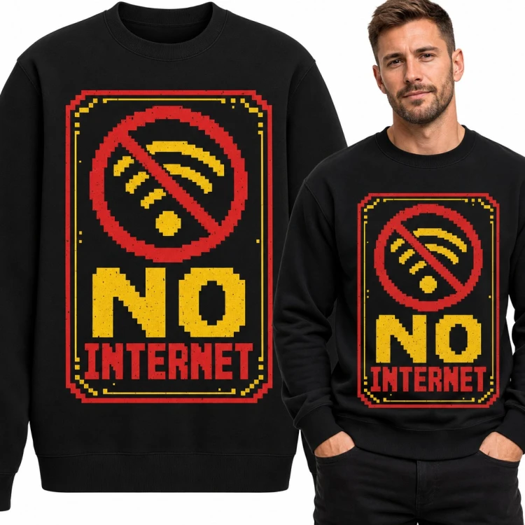Bluza męska bez kaptura - „No internet” z przekreślonym Wi-Fi w stylu pixel art