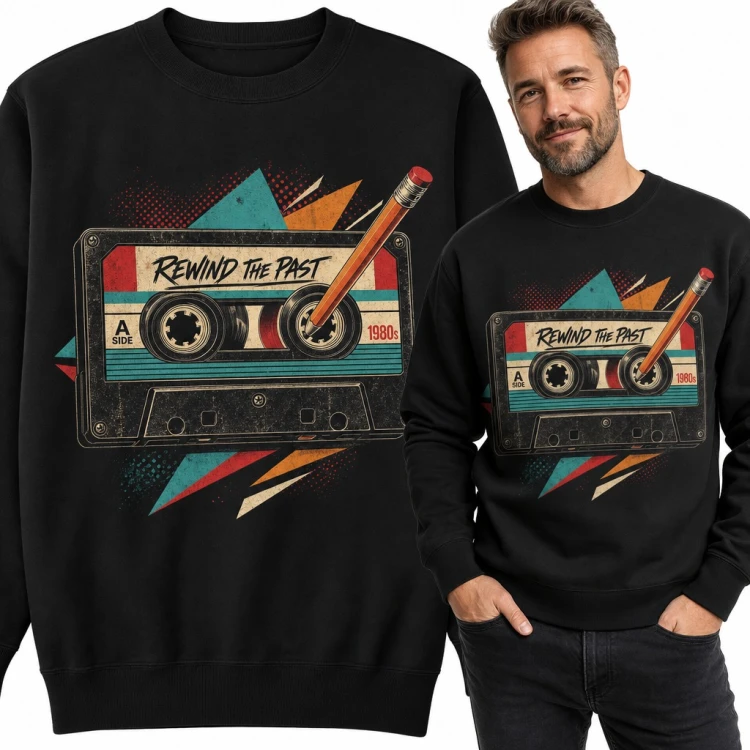 Bluza męska bez kaptura - kaseta z ołówkiem „Rewind the past” w stylu lat 80