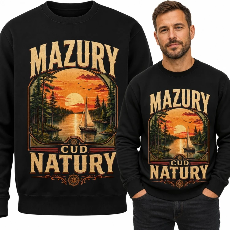 Bluza męska bez kaptura - „Mazury cud natury” z żaglówką na jeziorze o zachodzie