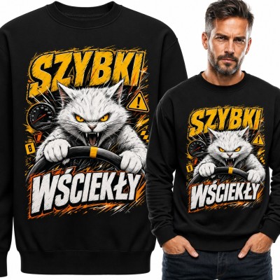 Bluza męska bez kaptura - „Szybki wściekły” kot za kierownicą