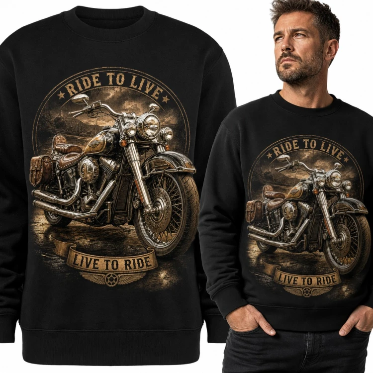 Bluza męska bez kaptura - „Ride to live, live to ride” z motocyklem cruiser dla motocyklisty