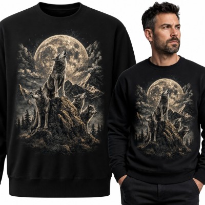 Bluza męska bez kaptura - wataha wilków wyjąca do pełni księżyca w górach