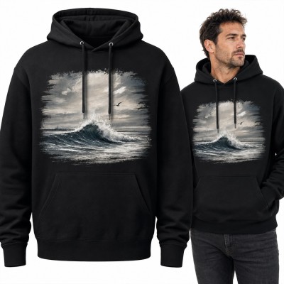 Bluza męska z kapturem - wzburzona fala morska z mewą w malarskim stylu