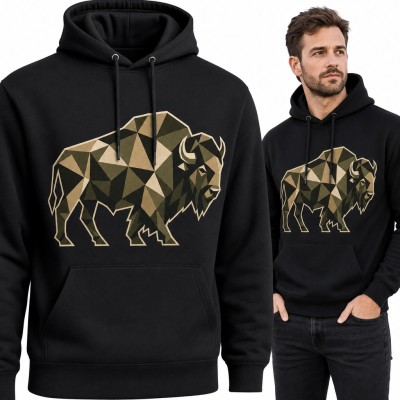 Bluza męska z kapturem - geometryczny bizon w kolorach moro