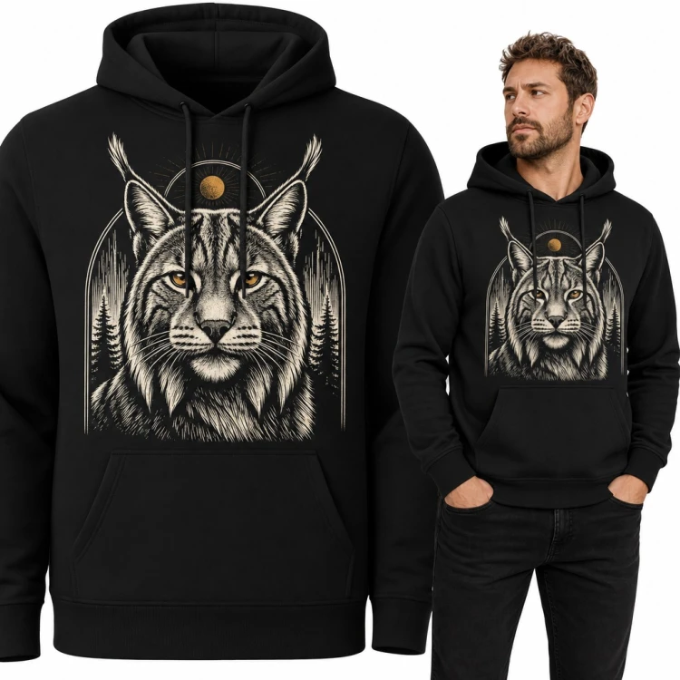 Bluza męska z kapturem - ryś w leśnym łuku ze złotym słońcem