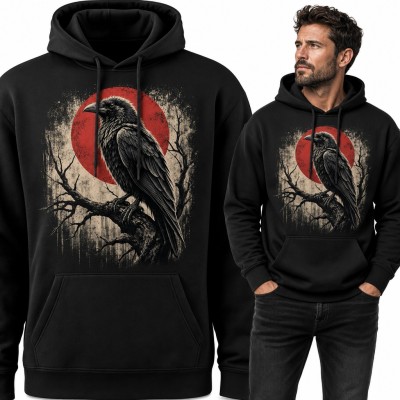 Bluza męska z kapturem - kruk na gałęzi na tle czerwonego słońca