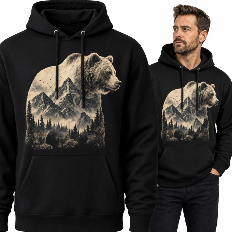 Bluza męska z kapturem - niedźwiedź grizzly z górskim krajobrazem i lasem