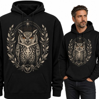Bluza męska z kapturem - mistyczna sowa w wieńcu z ćmą i gwiazdą