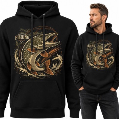 Bluza męska z kapturem - szczupak w ataku i napis „Predator Fishing” dla wędkarza