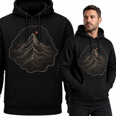 Bluza męska z kapturem - górski szczyt z poziomicami i słońcem dla turysty