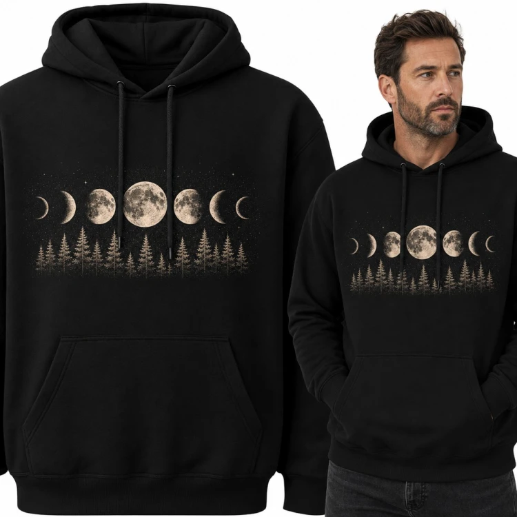 Bluza męska z kapturem - fazy księżyca nad nocnym lasem