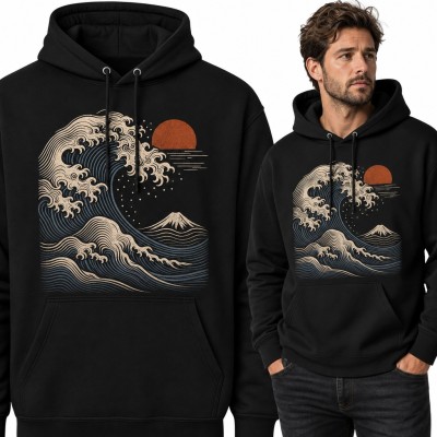 Bluza męska z kapturem - wielka fala Kanagawa z górą Fuji i czerwonym słońcem