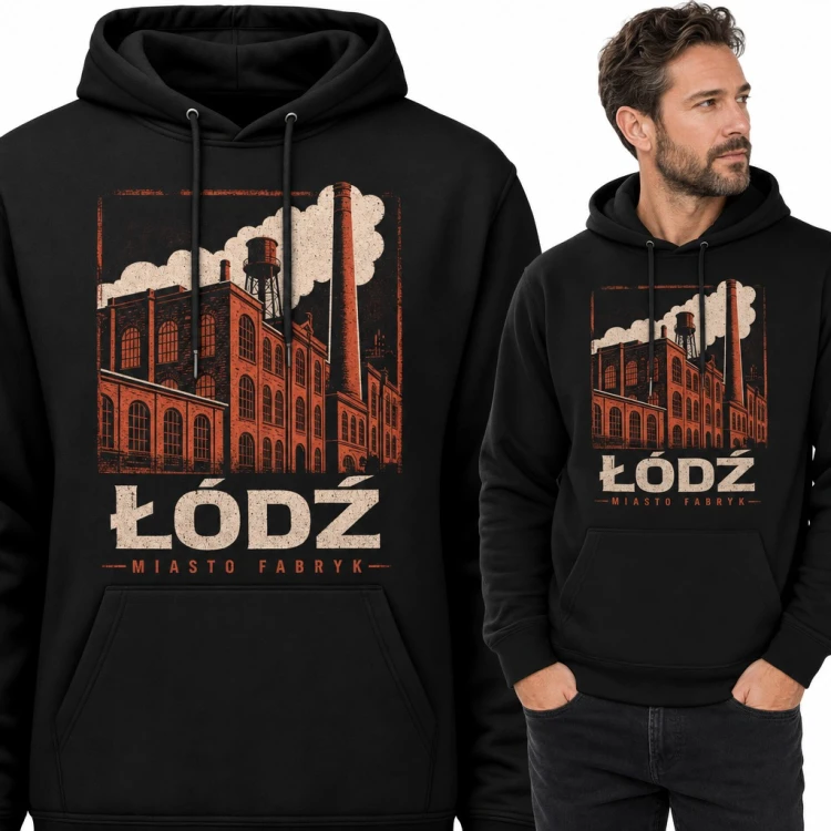 Bluza męska z kapturem „Łódź miasto fabryk” - ceglana fabryka z kominem