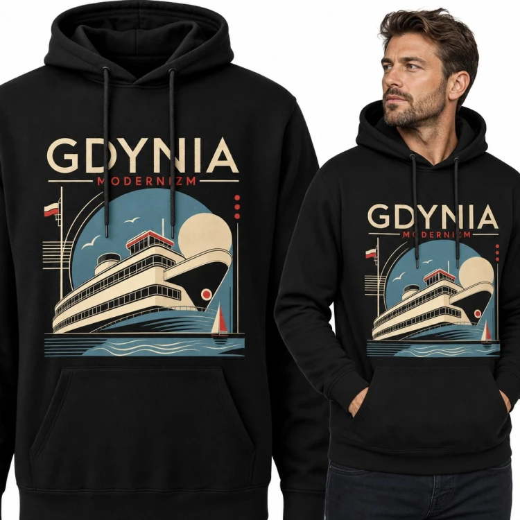 Bluza męska z kapturem - „Gdynia modernizm” ze statkiem w stylu art deco