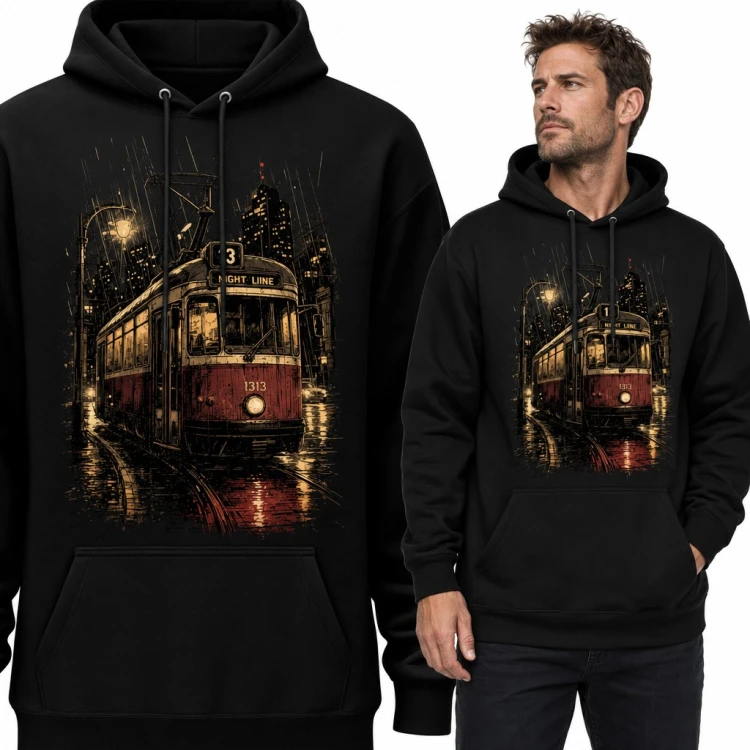 Bluza męska z kapturem - retro tramwaj nocą w deszczu „Night Liine”