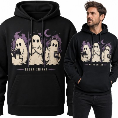Bluza męska z kapturem - trzy duchy z kawą i słuchawkami „Nocna zmiana”