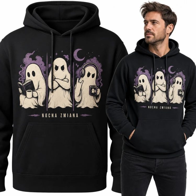 Bluza męska z kapturem - trzy duchy z kawą i słuchawkami „Nocna zmiana”