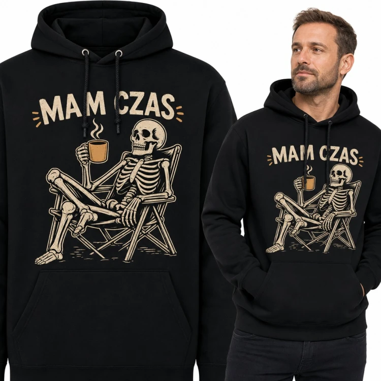 Bluza męska z kapturem „Mam czas” - szkielet na leżaku z kawą