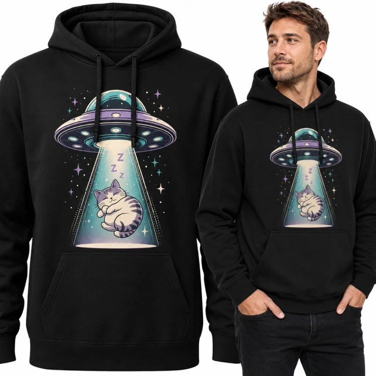 Bluza męska z kapturem - śpiący kot porwany przez UFO