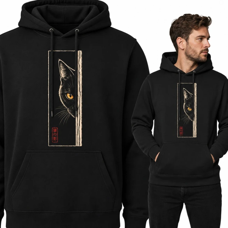 Bluza męska z kapturem - czarny kot zza krawędzi w japońskim stylu