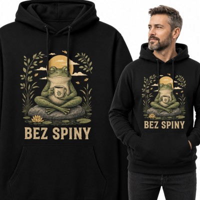 Bluza męska z kapturem „Bez spiny” - medytująca żaba z kubkiem kawy