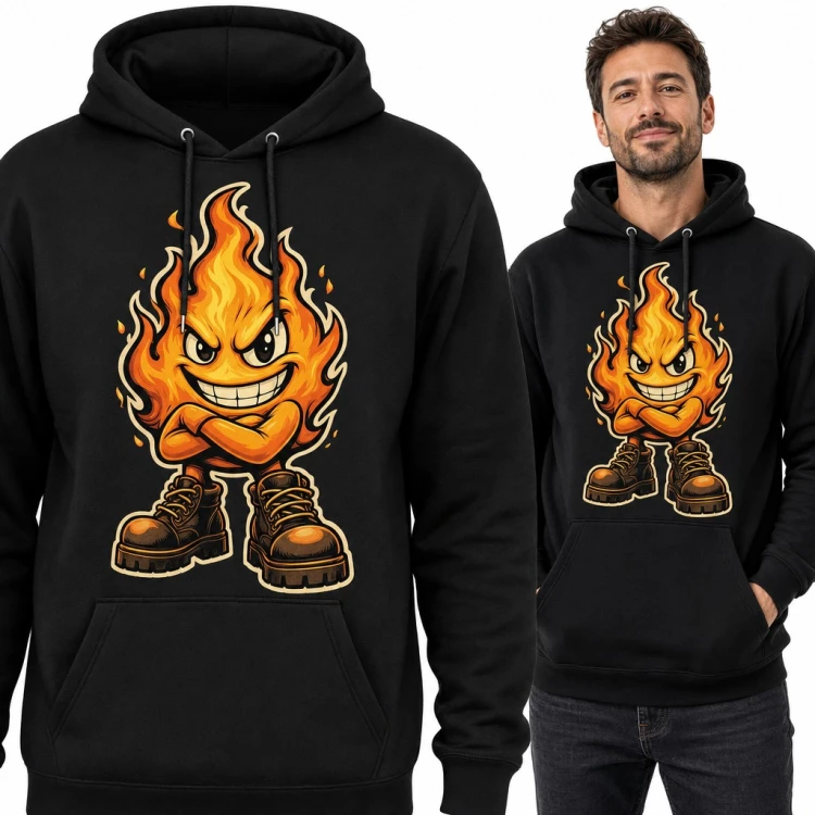 Bluza męska z kapturem - zadziorny płomień w glanach w stylu cartoon