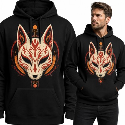 Bluza męska z kapturem - japońska maska lisa kitsune z czerwonym ornamentem