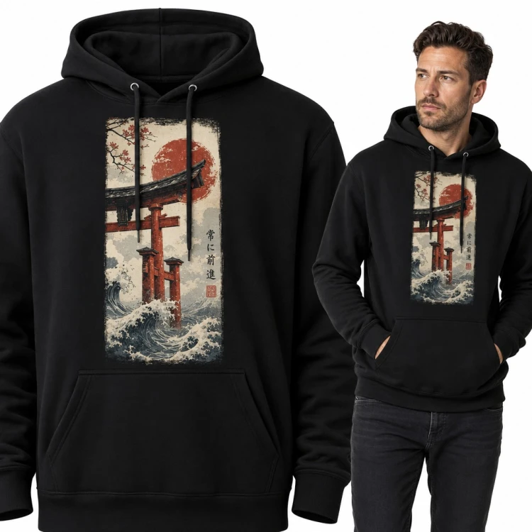 Bluza męska z kapturem - brama torii i wielka fala z napisem „常に前進”