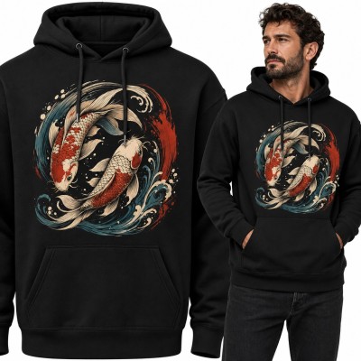 Bluza męska z kapturem - dwa karpie koi wśród japońskich fal