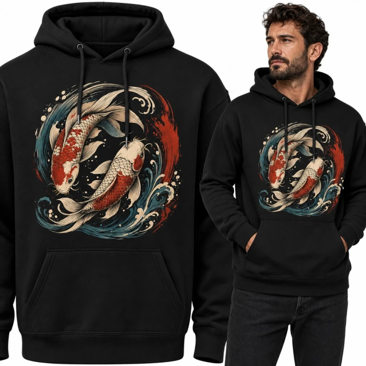 Bluza męska z kapturem - dwa karpie koi wśród japońskich fal