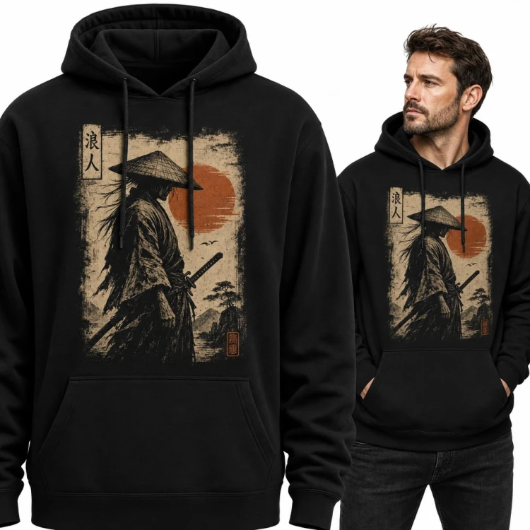 Bluza męska z kapturem - samuraj ronin z kataną na tle czerwonego słońca
