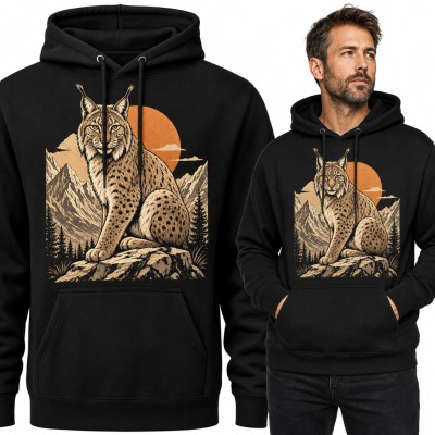 Bluza męska z kapturem - ryś na skale w górach o zachodzie słońca