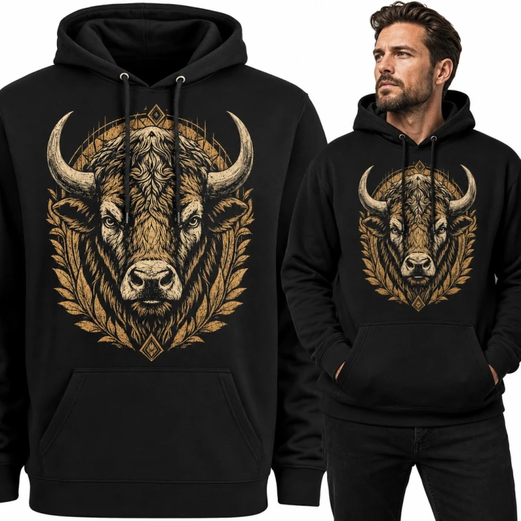 Bluza męska z kapturem - głowa bizona z rogami w złotym ornamencie z liści
