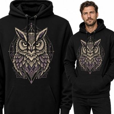 Bluza męska z kapturem - geometryczna sowa puchacz w fioletowe pióra