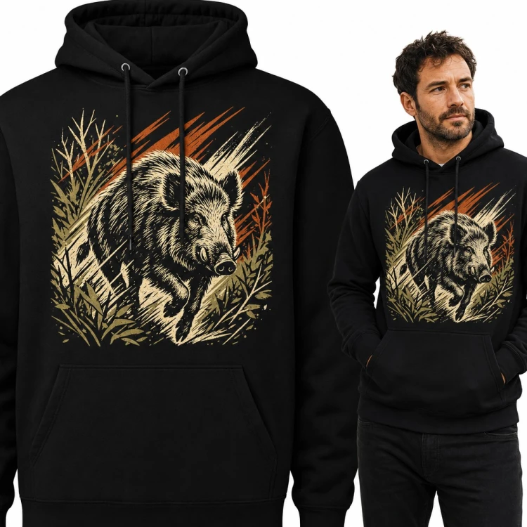 Bluza męska z kapturem - biegnący dzik w zaroślach dla myśliwego