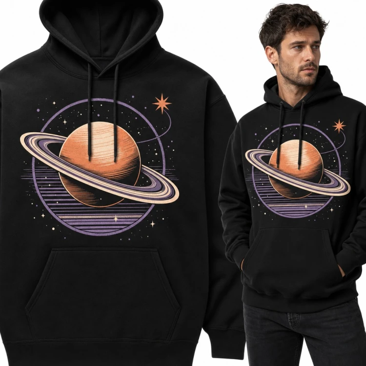 Bluza męska z kapturem - Saturn z pierścieniami w stylu retro