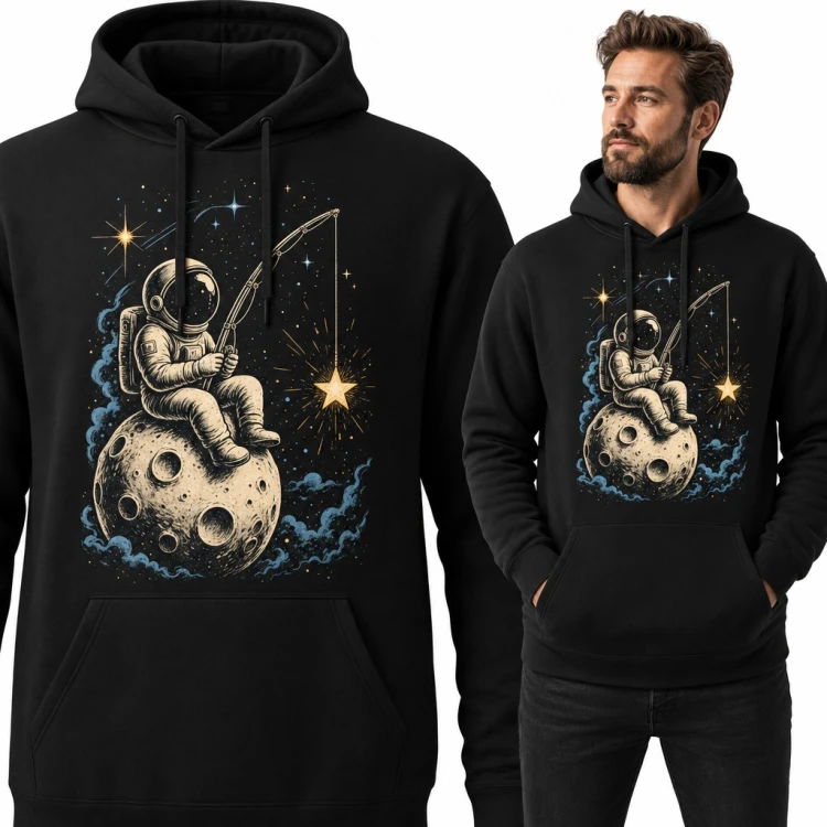 Bluza męska z kapturem - astronauta łowiący gwiazdę na wędkę na Księżycu