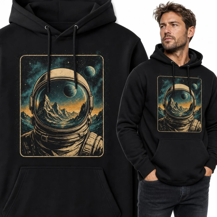 Bluza męska z kapturem - astronauta z górami odbitymi w hełmie